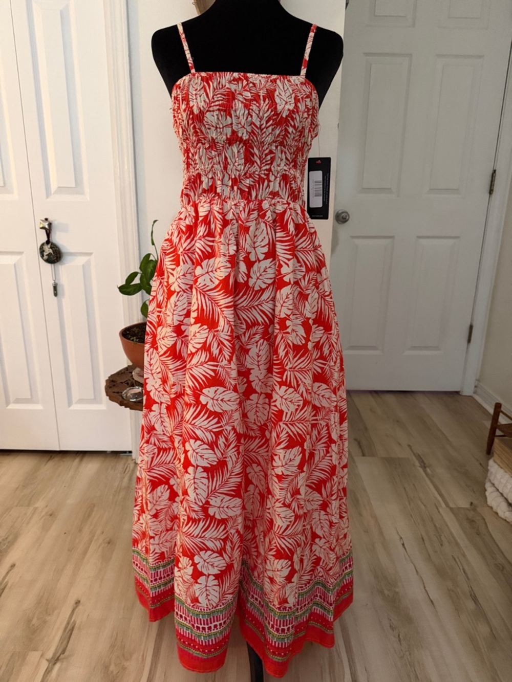 Red Tropical-Print Maxi Dress with Smocked Bodice
